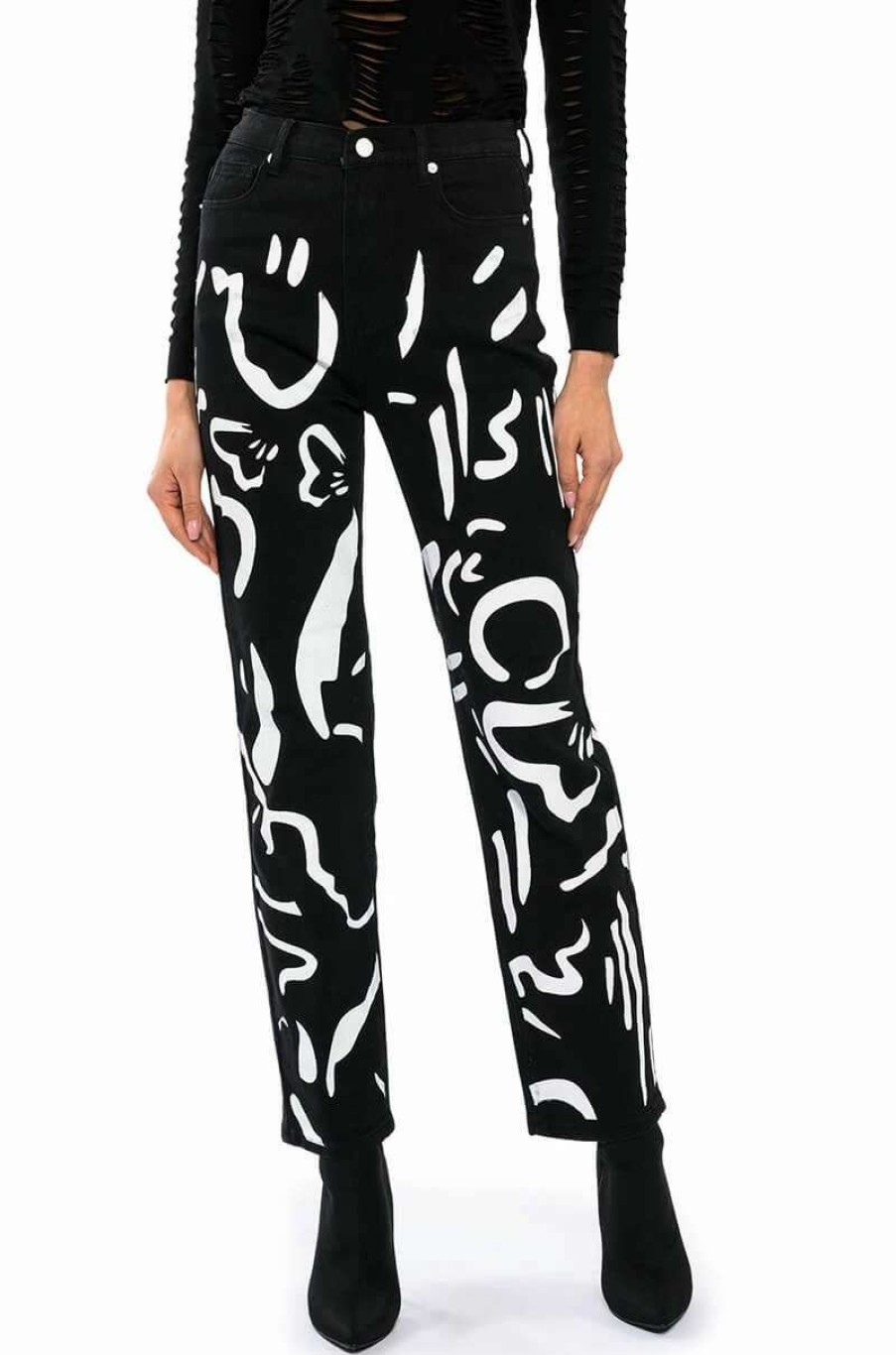 Denim * | Abstract Painted High Waisted Wide Leg Jean Black