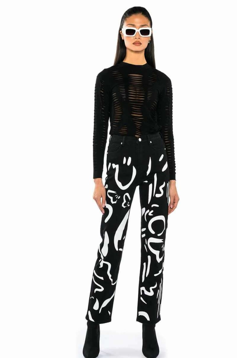 Denim * | Abstract Painted High Waisted Wide Leg Jean Black